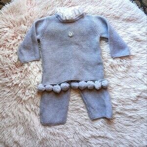 Papillon Grey Knit 2-piece Pom Pom Removable Collar Outfit 6 months